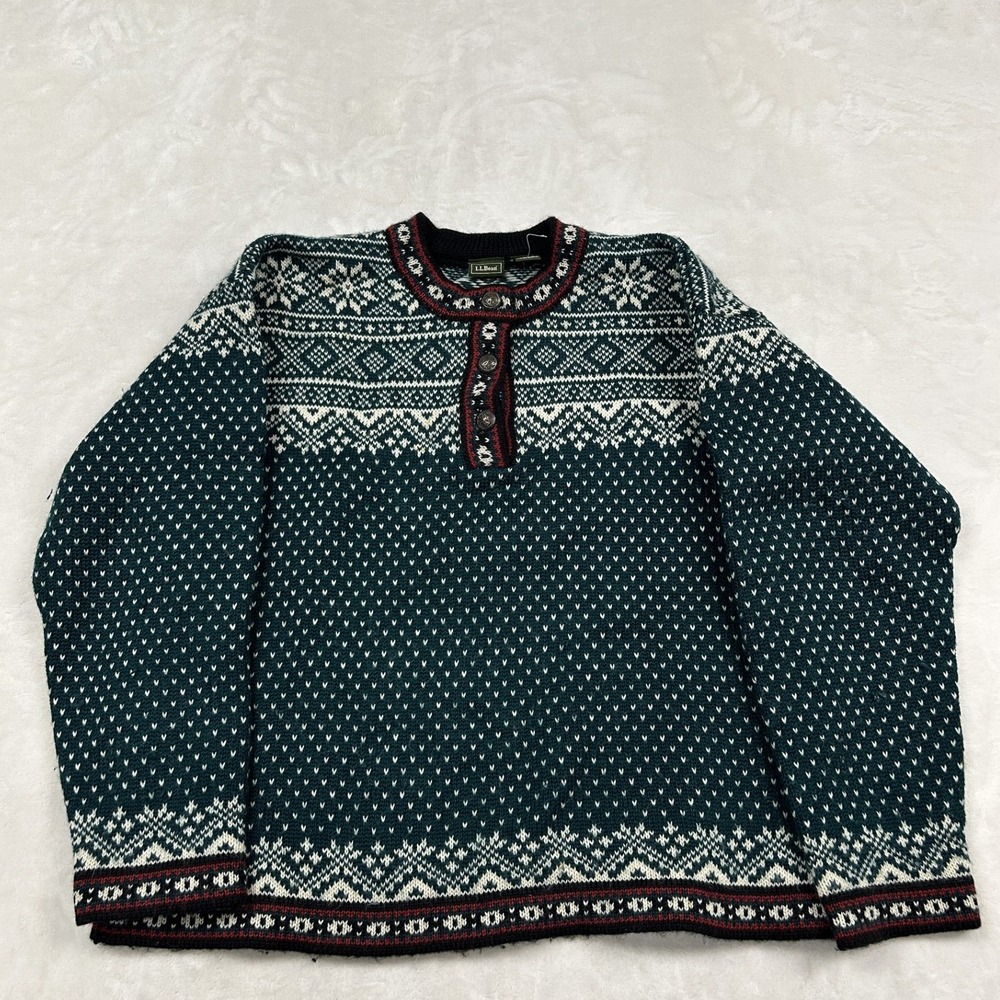 L.L. Bean Henley Sweater womans M Green Fair Isle Wool Blend Snowflake Nordic